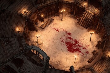 	
Top-down view of a circular wooden battle arena with staircases, torches, and a bloodstained dirt floor, evoking a gritty fantasy combat setting or ancient gladiator pit	
