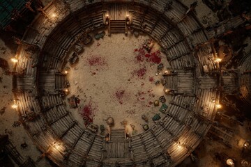	
Top-down view of a circular wooden battle arena with staircases, torches, and a bloodstained dirt floor, evoking a gritty fantasy combat setting or ancient gladiator pit	
