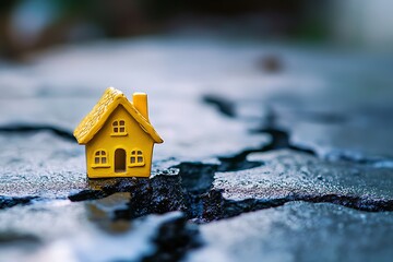 Tiny Yellow House Model on Cracked Surface with Abstract Blue Background