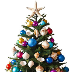Christmas tree with starfish and seashells isolated on transparent or white background, png