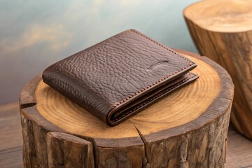 Textured brown leather wallet stitched on wood wooden stand accessory