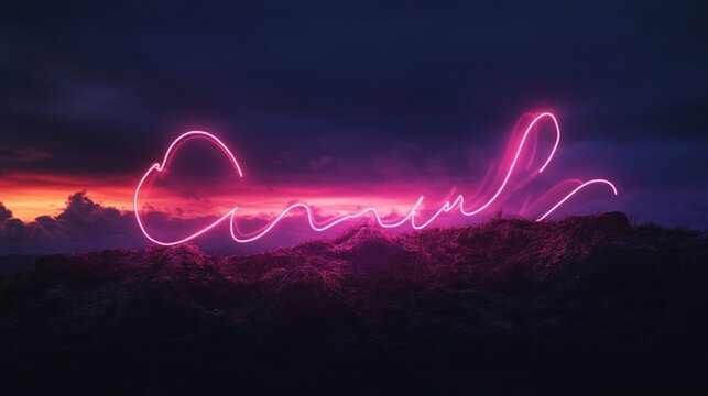 Pink neon cursive word "Amal" over mountain range at sunset