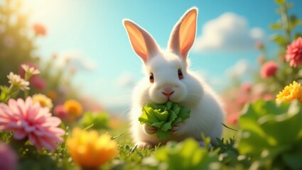 Adorable white rabbit enjoying a meal in a flower garden.