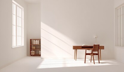 Fototapeta premium Sunlit, minimalist study with wooden desk and chair