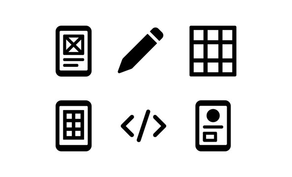 Minimalist web design icons: pencil, code, grid, wireframe