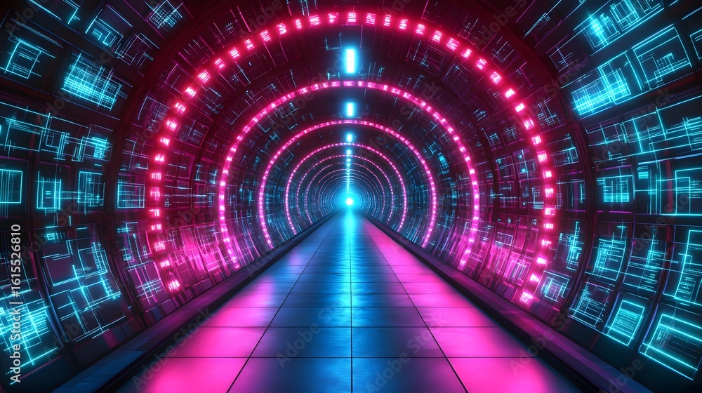 Aufkleber neon glowing tunnel with digital circuitry patterns.