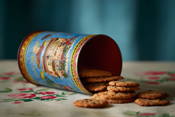 Vintage Blue Tin of Round Cookies on Floral Tablecloth