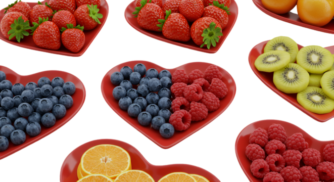 Assorted Fresh Fruits Displayed in Heart Shaped Bowls on Transparent Background - Powered by Adobe