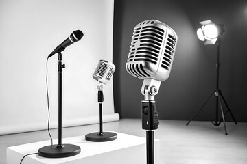 Vintage silver and black microphones on stands vintage microphones silver microphone