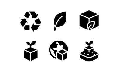 Eco-friendly icons: recycling, nature, and sustainability symbols in black and white