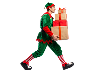 - Elf Carrying a Stack of Wrapped Gifts, Side Angle, Transparent Background