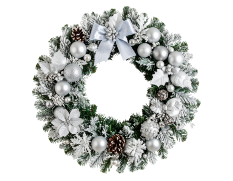 Elegant White Christmas Wreath with Silver Ornaments, Angled View, Transparent Background - Powered by Adobe