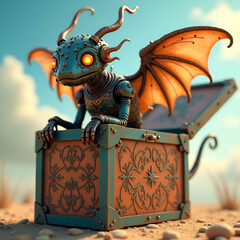 Steampunk Dragon in a Treasure Chest on the Beach