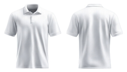 Front and back view of a plain white polo shirt.  Short sleeves, collared.  Realistic rendering