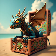 Steampunk Dragon in a Treasure Chest on the Beach