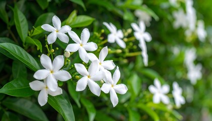 Close-up of white flowers and lush green leaves