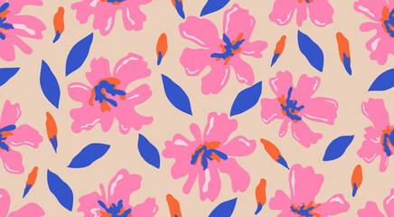 Hand drawn floral seamless patterns. Natural wallpaper, Exotic flowers print decoration. Illustration for fabric, textiles, clothing, wall art, printing and design project, etc.