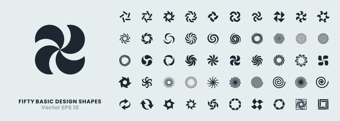 Set of 50 vector icons with spirals, swirls, vortexes, and twists in circular and round shapes. Abstract symbols of motion, rotation, cycle, loop, and fluid design for logos, bold graphic elements.