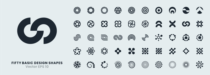 Plakat A set of 50 abstract vector icons based on circular shapes. Lines, spirals, and radial patterns. Includes geometric elements, round symbols designs for use in logos, graphics, and technology concepts.
