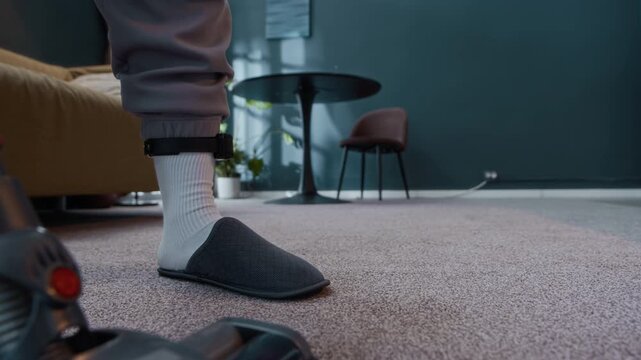 Cropped ground level shot of unrecognizable man under house arrest wearing electronic monitoring ankle bracelet and slippers vacuuming floor in his living room keeping home clean and organized