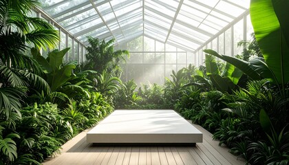 A minimalist white rectangular platform set inside a giant sunlit greenhouse filled with lush tropical plants.
