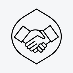 Geometric hexagon frame encircling a circular emblem featuring a black silhouette of two hands shaking in agreement and partnership isolated on white background silhouette