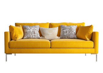 Bright yellow couch with patterned pillows
