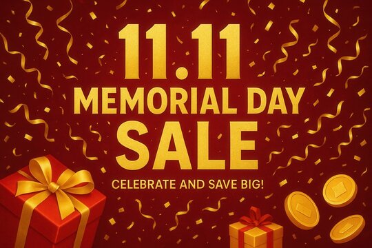 Festive sale banner featuring bold "11.11 Memorial Day Sale" text, adorned with golden ribbons, gift boxes, and coins on a rich red background, promoting celebration and discounts. - Powered by Adobe