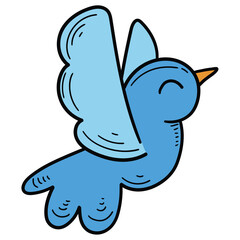 Hand-drawn cartoon flying blue bird on a white background.
