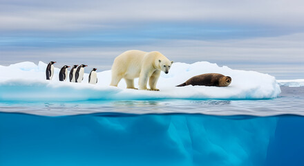 Fototapeta premium Arctic Wildlife on Iceberg Polar Bear Penguins and Seal in Cold Blue Waters
