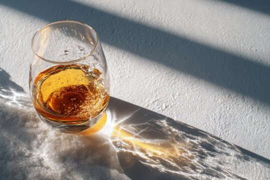 Golden amber drink with ice and citrus in sunlight