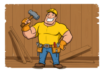 Cartoon Carpenter Man Holding Hammer Showing Tools on Isolated Background