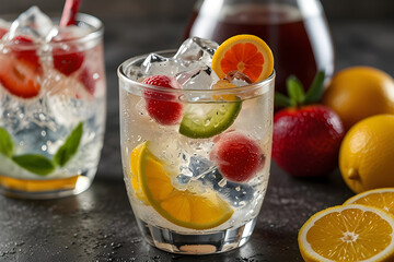 Mojito Ice: A dessert made with mojito, a refreshing drink made with mint and lime, blended with ice. Mint leaves and lime wedges float in a glass filled with ice.