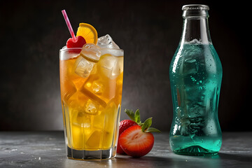 Mojito Ice: A dessert made with mojito, a refreshing drink made with mint and lime, blended with ice. Mint leaves and lime wedges float in a glass filled with ice.