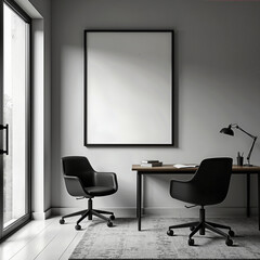 Professional modern office space featuring a large blank vertical poster mockup on a gray wall, perfect for corporate branding or artwork display in a minimalist setting.
