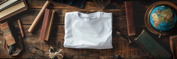 Back to school mockup template with folded t-shirt on rustic wooden table. Horizontal banner. Copy space. Template for store, shop, supermarket. Top view