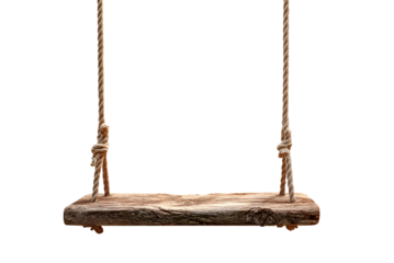 Rustic wooden swing hanging from ropes isolated on transparent background