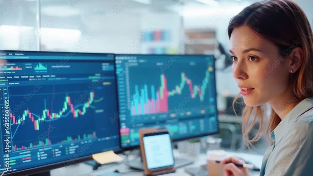 Poster professional woman analyzing financial data on multiple computer screens in modern office setting