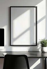 Fototapeta premium Modern and minimalist interior with a blank vertical poster mockup, a thin black frame standing on a white surface next to a plant, bathed in natural light. 