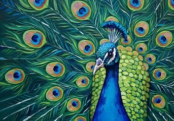 Fototapeta premium Abstract Peacock Tail Oil Painting – Vibrant Palette Knife Art in Bold Colors