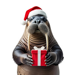 Walrus in Santa hat holding a gift isolated on transparent or white background, png