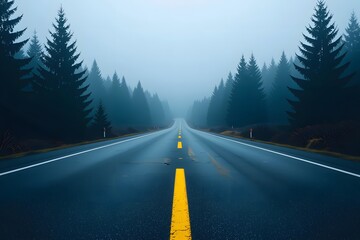 Fototapeta premium Empty asphalt road through foggy pine forest highway