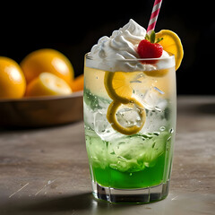 Mojito Ice: A dessert made with mojito, a refreshing drink made with mint and lime, blended with ice. Mint leaves and lime wedges float in a glass filled with ice.