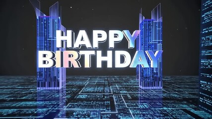 Happy Birthday" in a futuristic cityscape - Powered by Adobe