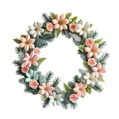 Christmas wreath with a Christmas tree and flowers isolated on transparent or white background, png