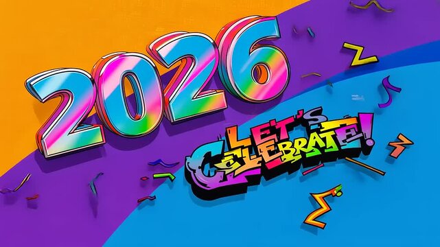 Colorful 2026 and "Let's Celebrate!" with confetti against vibrant background - Powered by Adobe