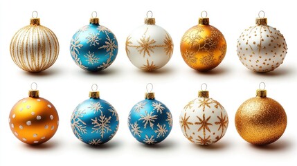 Assorted Christmas ornaments, various colors and patterns, isolated on white background.