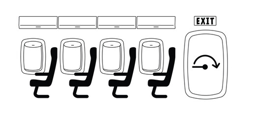Airplane chair or air plaine seats and door. Airplane, aircraft window. Passengers in aeroplane windows. Aeroplane for sitting on passenge. Plane interior with aisle, reclining seats and portholes.