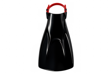 Close-up of black diving fins featuring a red strap, isolated on a transparent background, ready for underwater exploration