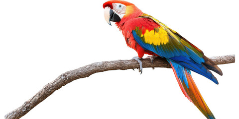 Obraz premium Colorful macaw perched on branch on transparent png background